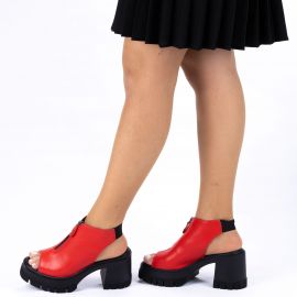 Twoegoist Kadın Hakiki Deri Platform Topuklu Fermuarlı Yazlık Ayakkabı Sandalet, Renk: Kırmızı, Beden: 37